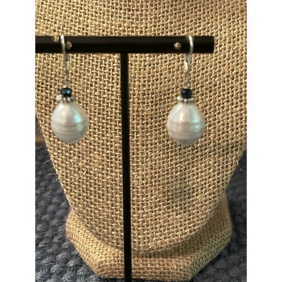 Sterling Silver Dangle Earrings Faux Pearl Blue Glass 1.5" - Picture 1 of 3
